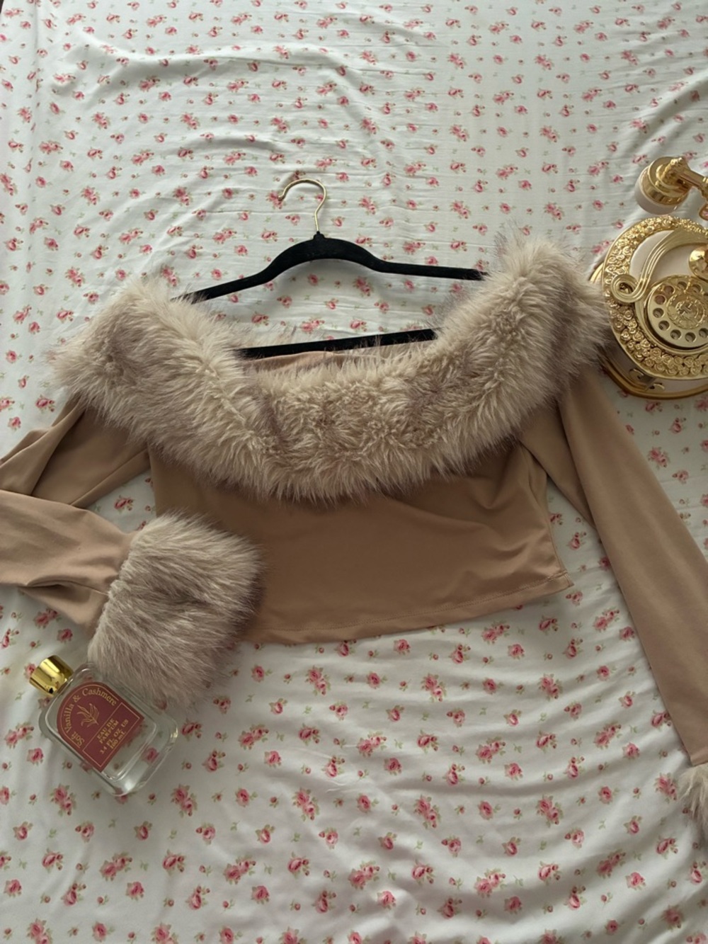 Beige Faux Fur Trim Off-Shoulder Crop Top